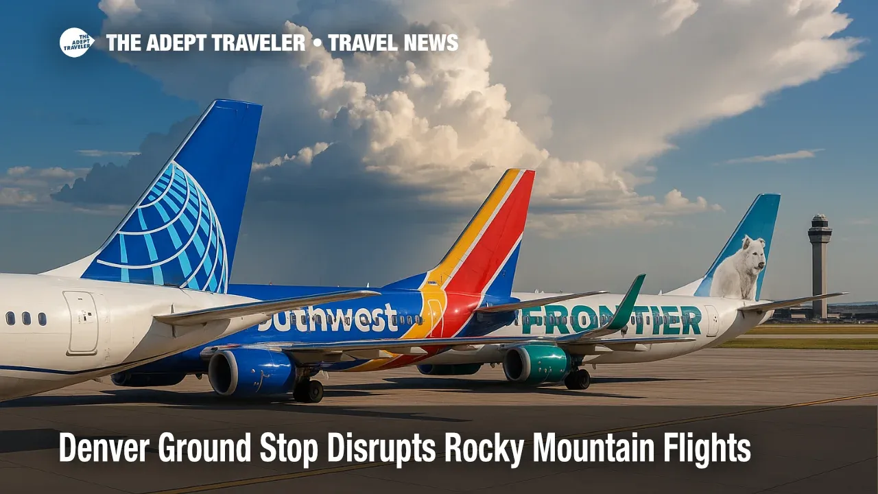 Dark storm clouds loom over Denver International Airport as grounded jets await clearance after a Denver ground stop flight delay.
