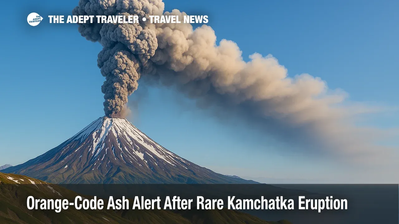 Ash plume rises above Krasheninnikov Volcano during rare Kamchatka eruption, illustrating orange aviation alert and volcanic ash hazard for flights.