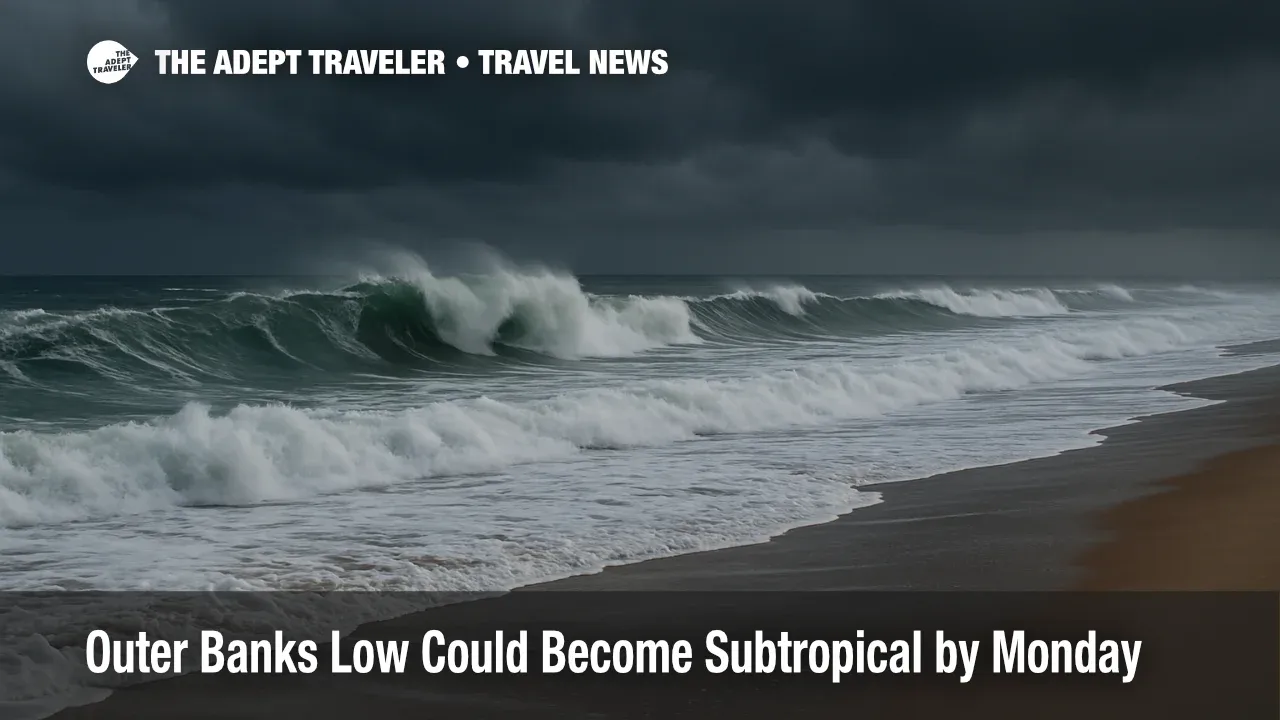 Threatening storm clouds loom over a Mid-Atlantic beach as powerful swells crash ashore during a subtropical low.