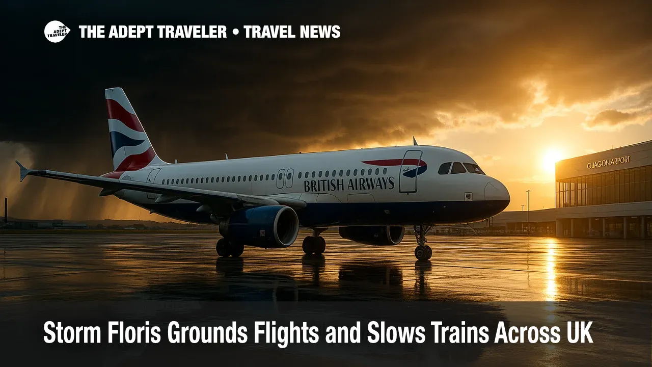 An A321 sits motionless on a rain-sheened Glasgow ramp as Storm Floris darkens the sky, illustrating UK travel disruption.