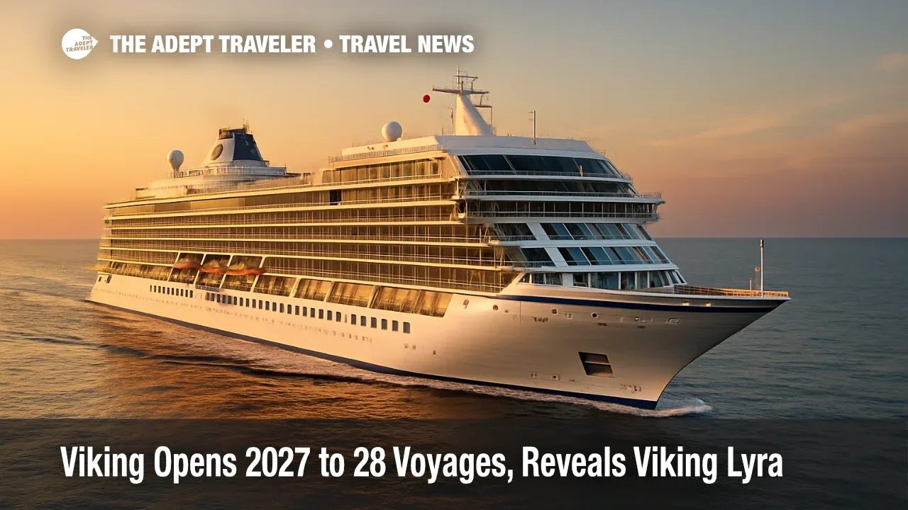 Rendering of Viking Lyra, the new 54,000-ton ocean ship, underway at dusk, reflecting golden Mediterranean light on calm water.