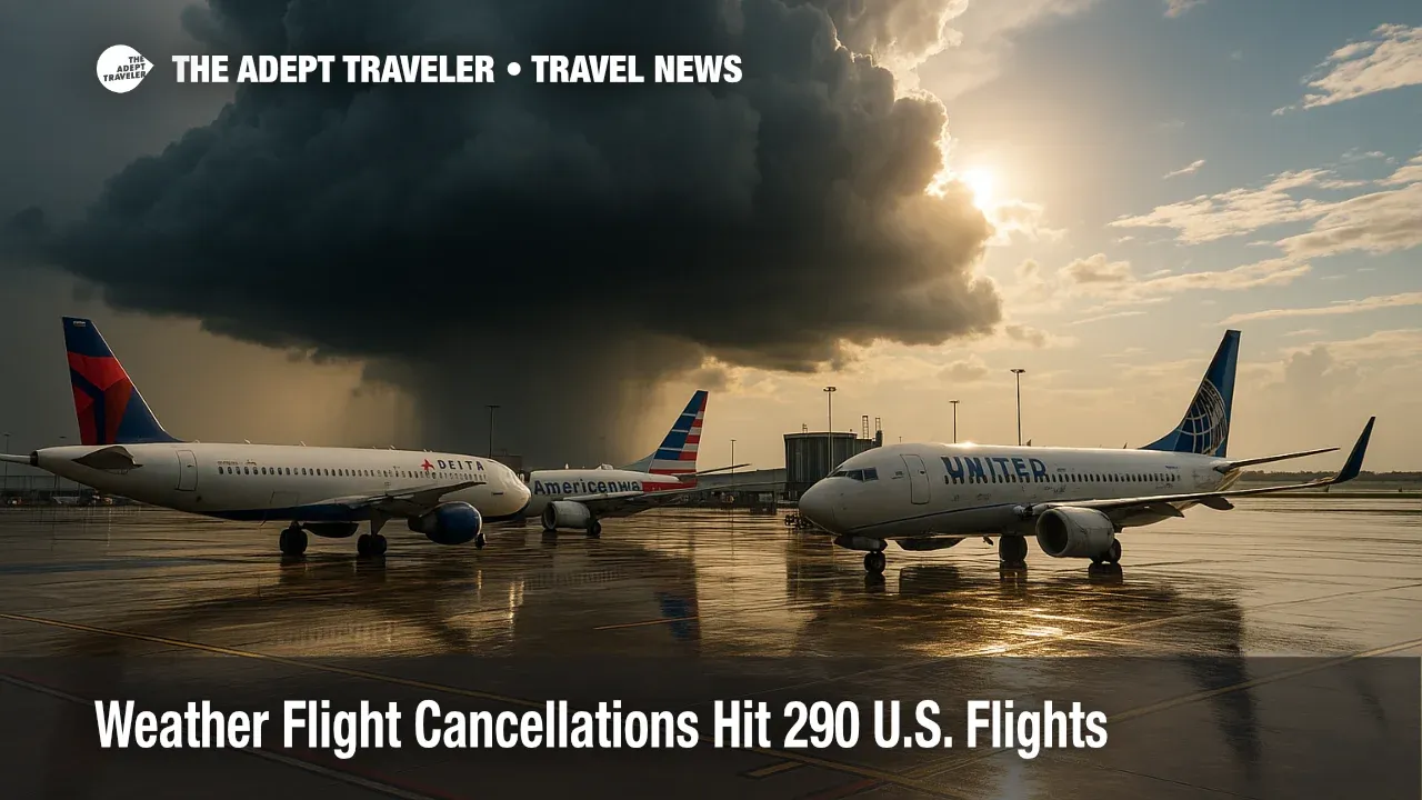 Storm clouds loom over Delta, American, and United jets on a wet ramp, illustrating weather flight cancellations and related waivers.