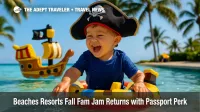 Toddler in a playful pirate hat splashes in a shallow resort pool during Beaches Resorts Fall Fam Jam family all-inclusive event.