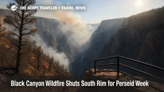 Smoke drifts above charred pinyon trees on Black Canyon's South Rim, illustrating the Black Canyon wildfire and its closure during Perseid season.