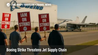 Workers hold IAM strike signs in front of Boeing's St. Louis plant, highlighting the Boeing strike supply chain risk.