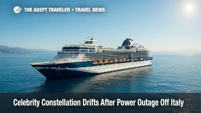 Wide-angle view of Celebrity Constellation drifting in the Ionian Sea, illustrating a cruise ship power outage scenario.