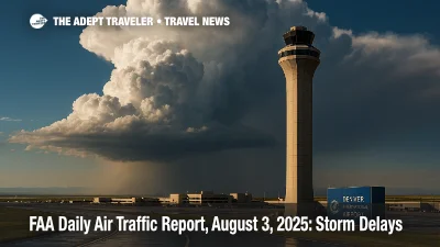 Thunderclouds tower above Denver International's control tower as storms threaten flight delays, illustrating FAA daily air traffic report storm delays.