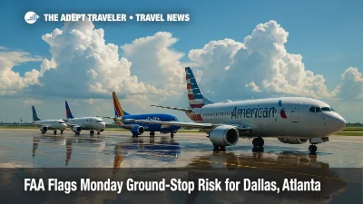 Midday view of airliners idling on rain-slick ramp at DFW as cumulus towers build, illustrating FAA ground stop risk and flight delays.