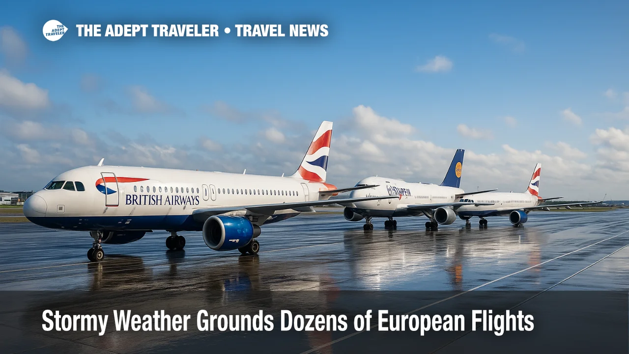 Grounded British Airways and Lufthansa jets glisten on a rain-wet Heathrow ramp after storm-driven European flight cancellations.