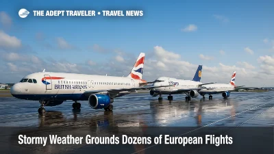 Grounded British Airways and Lufthansa jets glisten on a rain-wet Heathrow ramp after storm-driven European flight cancellations.