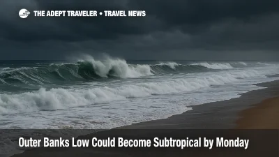 Threatening storm clouds loom over a Mid-Atlantic beach as powerful swells crash ashore during a subtropical low.