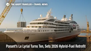 Le Lyrial in dry dock as cranes load batteries for its 2026 hybrid-fuel retrofit, showcasing sustainable cruise technology.