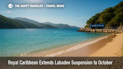 A serene Labadee shoreline sits empty under vivid sun as Royal Caribbean ships skip the port amid the Labadee suspension.
