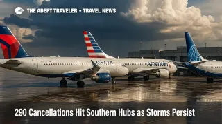 Three major U.S. carriers' jets wait on a rain-slick Atlanta ramp beneath towering storm clouds, illustrating weather-driven flight cancellations.