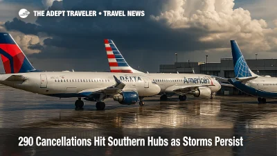 Three major U.S. carriers' jets wait on a rain-slick Atlanta ramp beneath towering storm clouds, illustrating weather-driven flight cancellations.