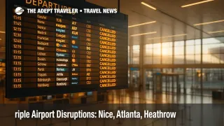 Departures board glowing amber with dozens of cancellations illustrates airport disruptions at Nice, Atlanta, and Heathrow.