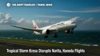 Japan Airlines 787 banking toward Narita over choppy Tokyo Bay as Tropical Storm Krosa nears, illustrating flight disruptions.