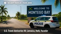 Police-patrolled Montego Bay checkpoint under clear skies illustrates new U.S. travel advisories for Caribbean hotspots.