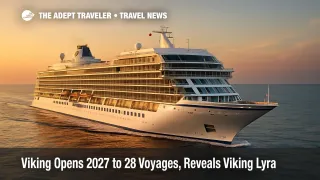 Rendering of Viking Lyra, the new 54,000-ton ocean ship, underway at dusk, reflecting golden Mediterranean light on calm water.