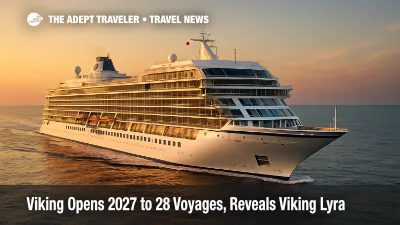 Rendering of Viking Lyra, the new 54,000-ton ocean ship, underway at dusk, reflecting golden Mediterranean light on calm water.