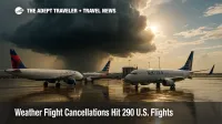 Storm clouds loom over Delta, American, and United jets on a wet ramp, illustrating weather flight cancellations and related waivers.