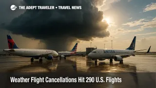 Storm clouds loom over Delta, American, and United jets on a wet ramp, illustrating weather flight cancellations and related waivers.