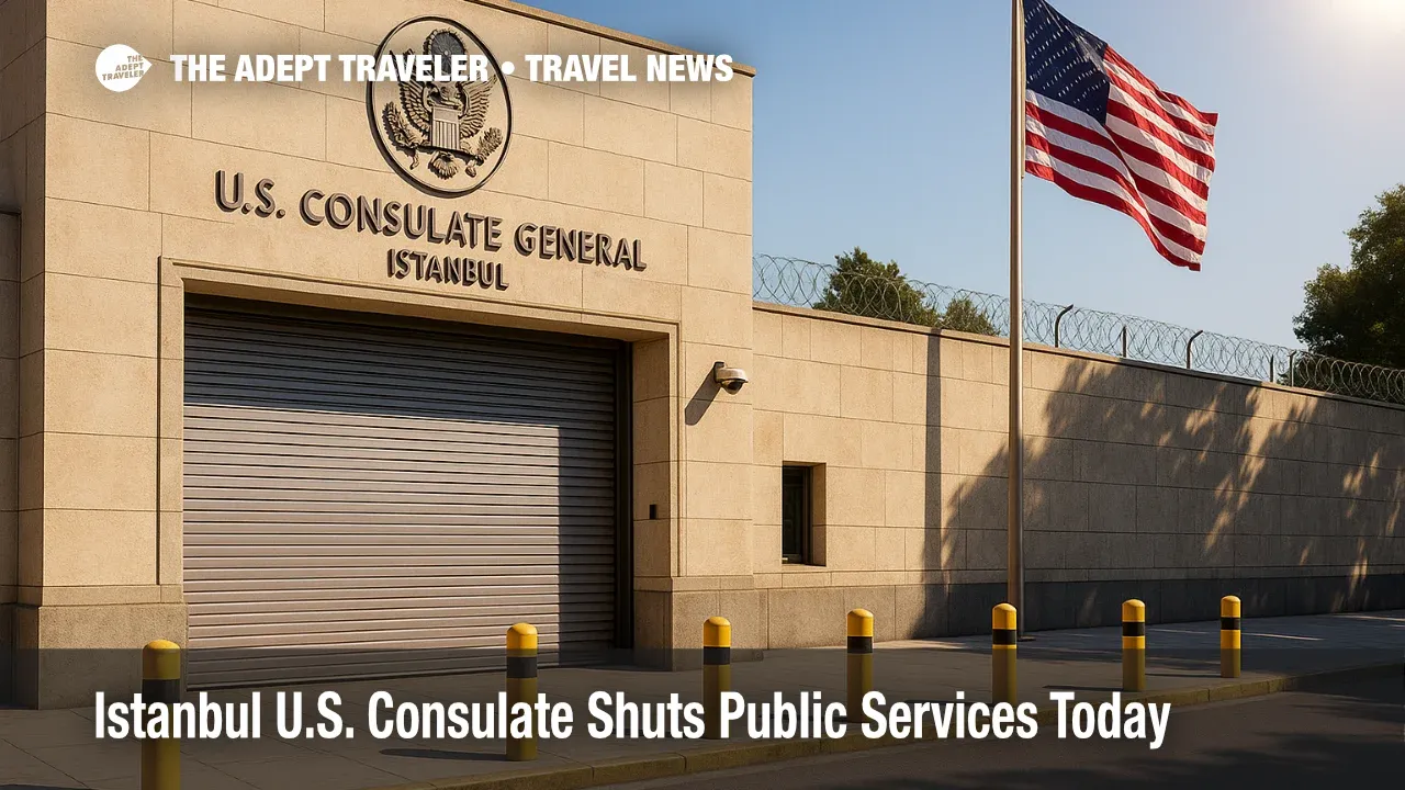 Closed gates at U.S. Consulate General Istanbul under bright sun illustrate the U.S. Consulate Istanbul closure travel alert.