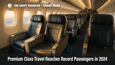 Spacious lie-flat business-class cabin bathed in natural light, illustrating the surge in premium class travel worldwide.