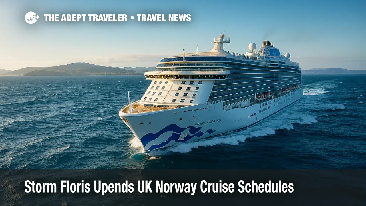 Regal Princess plows through choppy North Sea swells under sunny skies as Storm Floris alters UK Norway cruise itineraries.