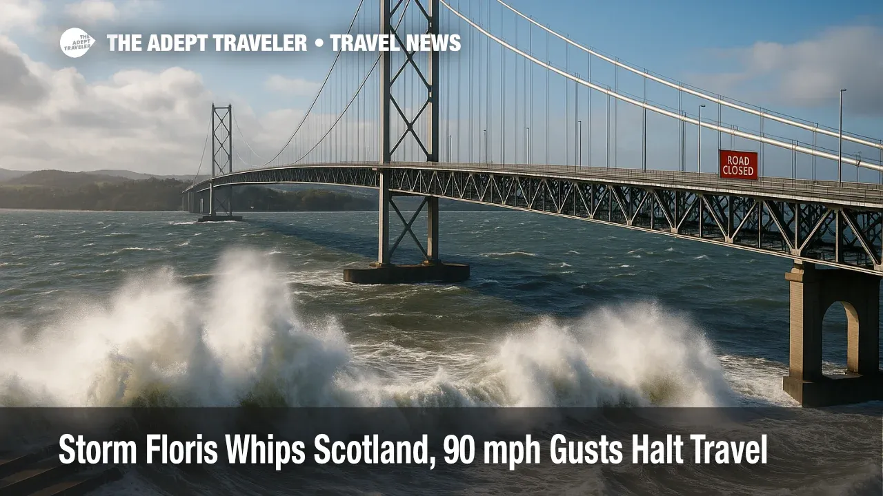 Powerful gusts from Storm Floris whip waves beneath the Forth Road Bridge, illustrating Scotland's amber wind alert.