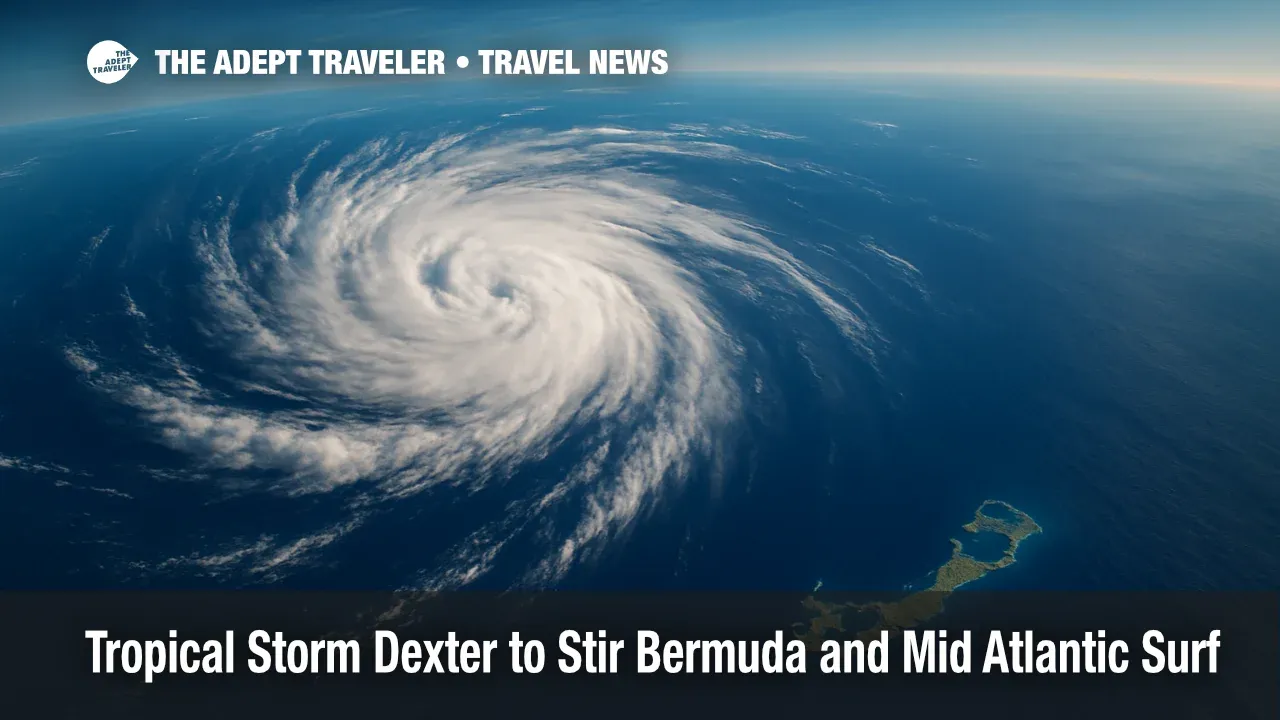 A satellite view of Tropical Storm Dexter swirling northeast of Bermuda, its broad bands generating strong Mid Atlantic surf.