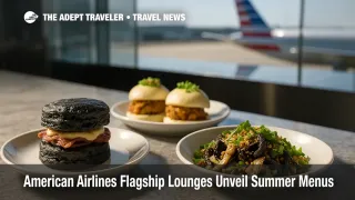 Colorful trio of chef-crafted summer dishes-including squid-ink biscuits and bao-in an American Airlines Flagship Lounge buffet, showcasing premium lounge cuisine.