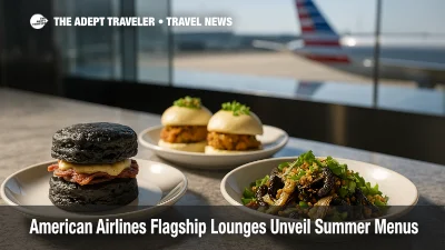Colorful trio of chef-crafted summer dishes-including squid-ink biscuits and bao-in an American Airlines Flagship Lounge buffet, showcasing premium lounge cuisine.