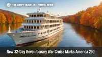 American Legend cruise ship glides past fiery Hudson River foliage during new 32-day Revolutionary War cruise, autumn 2026