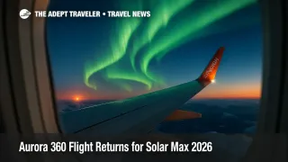 View of vibrant northern lights from an Air North jet window high above Yukon during the aurora 360 flight.