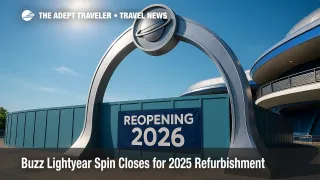 Entrance of Buzz Lightyear Space Ranger Spin in Tomorrowland closed for 2025 refurbishment at Magic Kingdom, yellow "Operations Suspended" sign prominent.