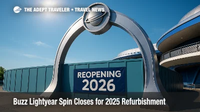 Entrance of Buzz Lightyear Space Ranger Spin in Tomorrowland closed for 2025 refurbishment at Magic Kingdom, yellow 