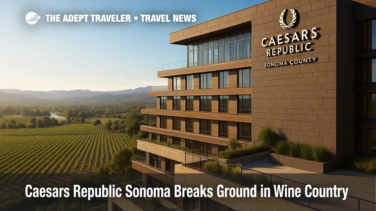 A photorealistic daytime rendering shows Caesars Republic Sonoma County rising above lush vineyards, illustrating the boutique casino resort's wine-country setting.