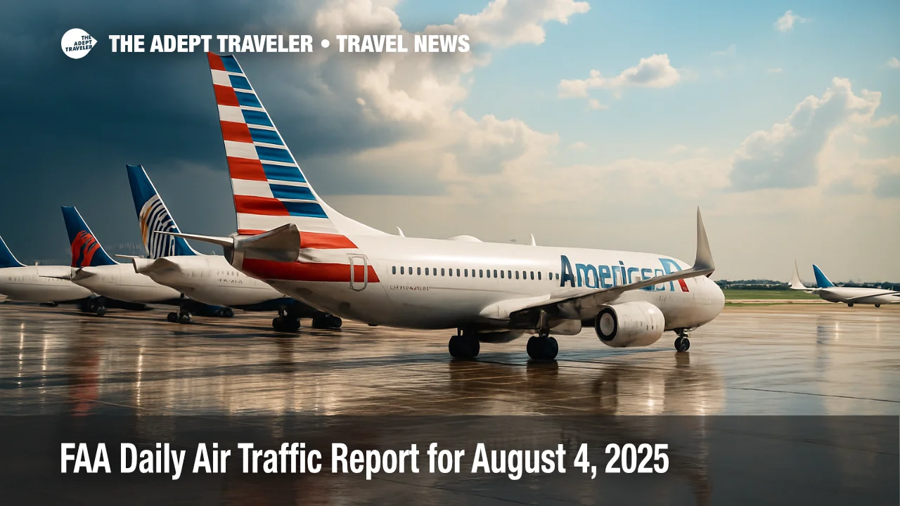 Airliners line up on a wet Dallas/Fort Worth ramp after storms, showing flight delays in the FAA daily air traffic report.