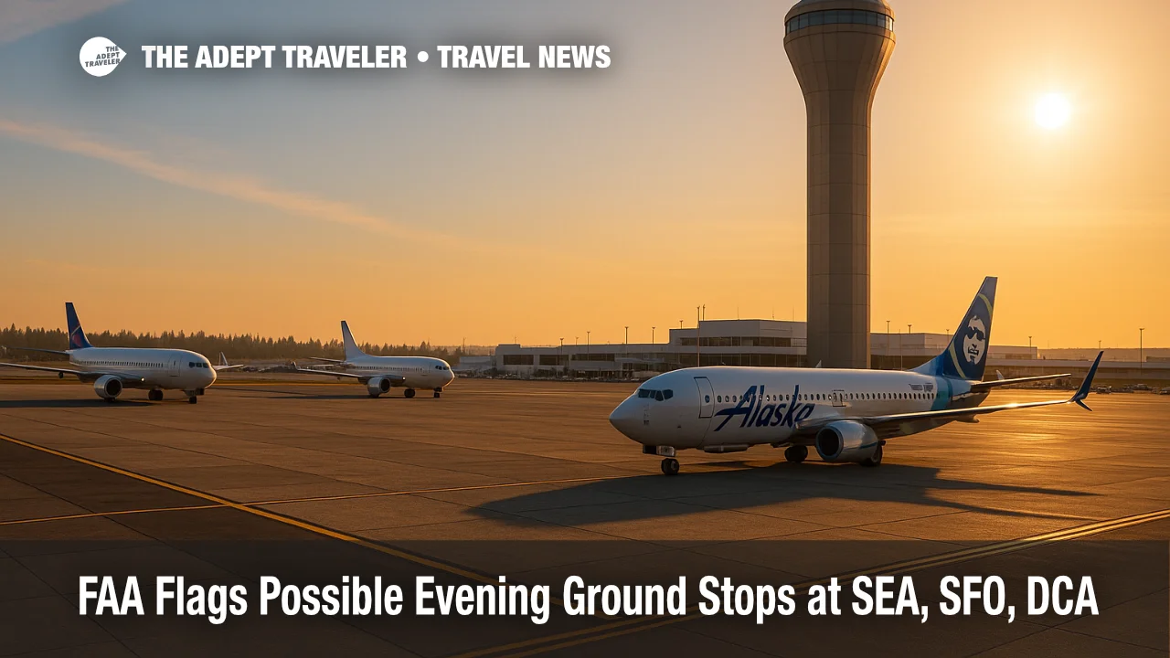 Seattle-Tacoma International Airport tower and idle jets at sunset illustrate FAA ground stop plans for SEA, SFO, and DCA.
