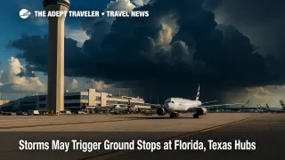 Tower view of Miami International Airport as dark thunderstorms build overhead, illustrating potential FAA ground stop risk for Florida hubs.