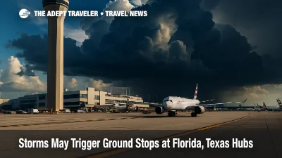 Tower view of Miami International Airport as dark thunderstorms build overhead, illustrating potential FAA ground stop risk for Florida hubs.