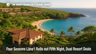 Aerial three-quarter view of Four Seasons Resort Lānaʻi overlooking turquoise Hulopo'e Bay, illustrating new Four Seasons Lānaʻi offers for wellness travelers.