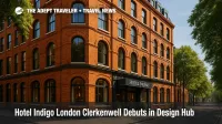 Hotel Indigo London Clerkenwell's brick facade glows under morning sun, illustrating a new lifestyle hotel opening near Farringdon Station.
