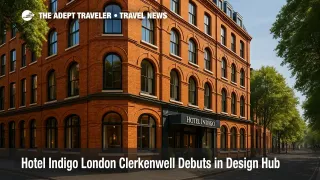 Hotel Indigo London Clerkenwell's brick facade glows under morning sun, illustrating a new lifestyle hotel opening near Farringdon Station.