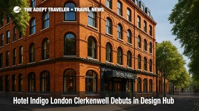 Hotel Indigo London Clerkenwell's brick facade glows under morning sun, illustrating a new lifestyle hotel opening near Farringdon Station.