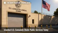 Closed gates at U.S. Consulate General Istanbul under bright sun illustrate the U.S. Consulate Istanbul closure travel alert.