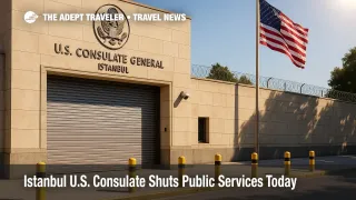 Closed gates at U.S. Consulate General Istanbul under bright sun illustrate the U.S. Consulate Istanbul closure travel alert.