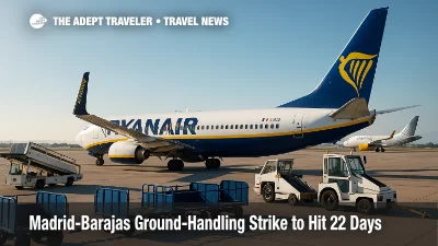 Ground-handling vehicles sit idle near Ryanair, easyJet, and Vueling aircraft at Madrid-Barajas during the planned ground-handling strike.