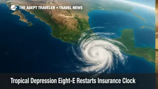 Satellite image shows Tropical Depression Eight-E southwest of Baja, spiral clouds over deep-blue Pacific waters.